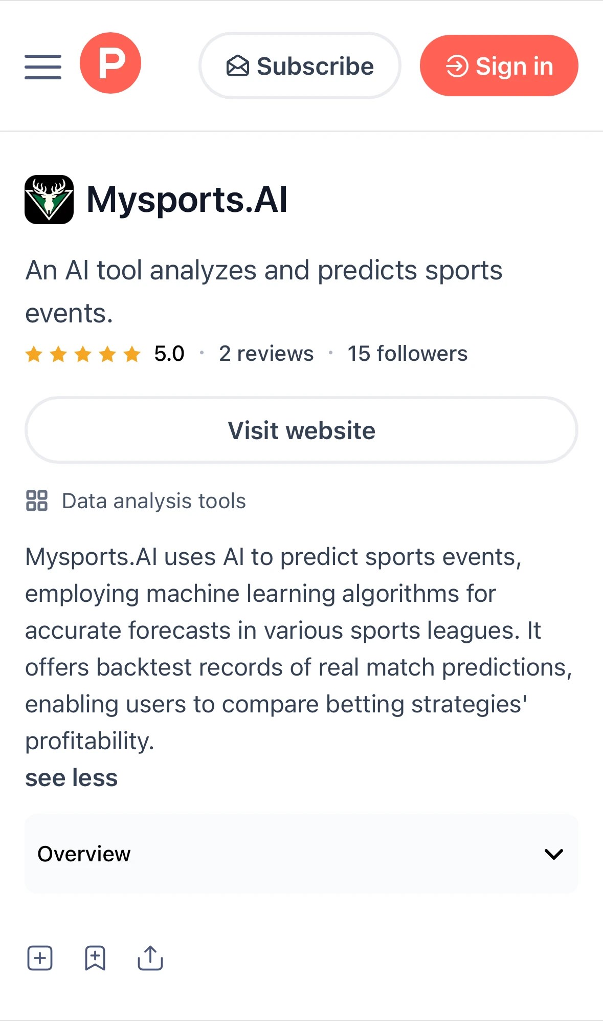 Mysports.AI 在 Product Hunt 的工具頁面介紹，展示 AI 體育賽事分析與預測功能、評分與使用者評論資訊。