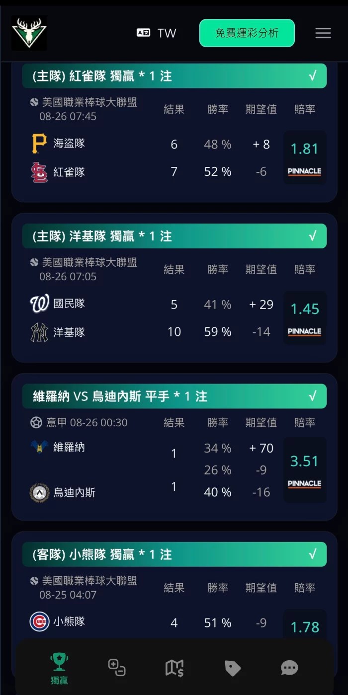 Mysports.AI 棒球運彩預測與比賽獲勝結果，展示紅雀隊與洋基隊的投注紀錄