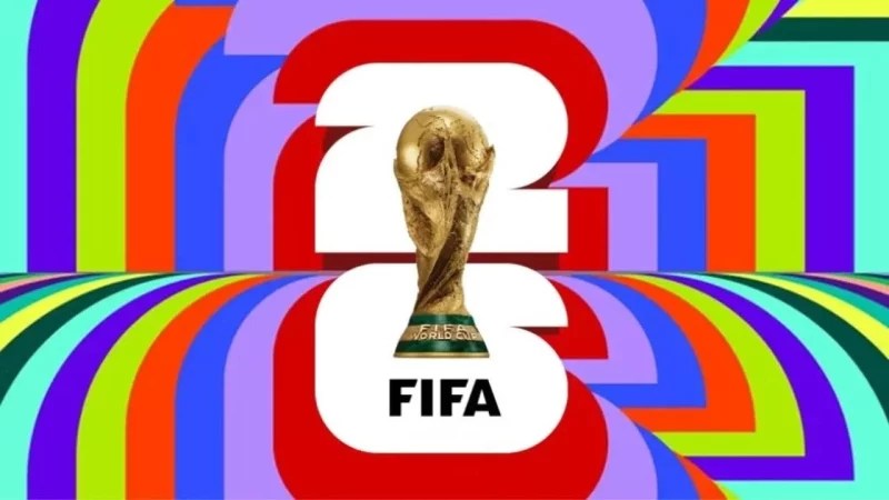 2026年FIFA世界盃官方Logo設計,金色大力神盃搭配彩色背景,象徵世足賽盛事