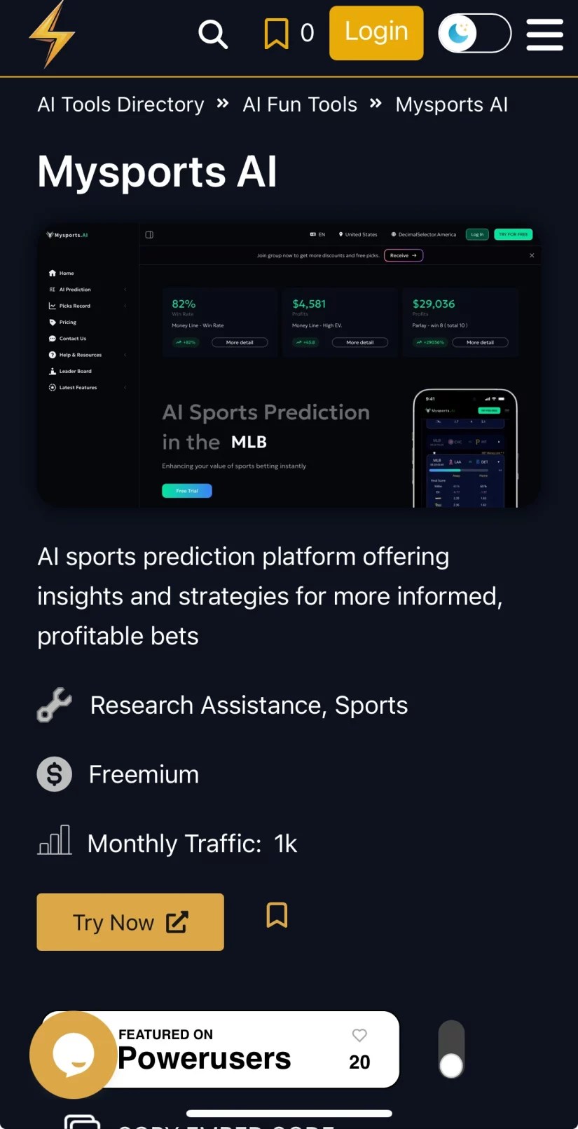 Mysports AI 運彩分析 AI 介面在AI Tools Marketer 的截圖,顯示 MLB 數據、勝率、獲利與串關功能。