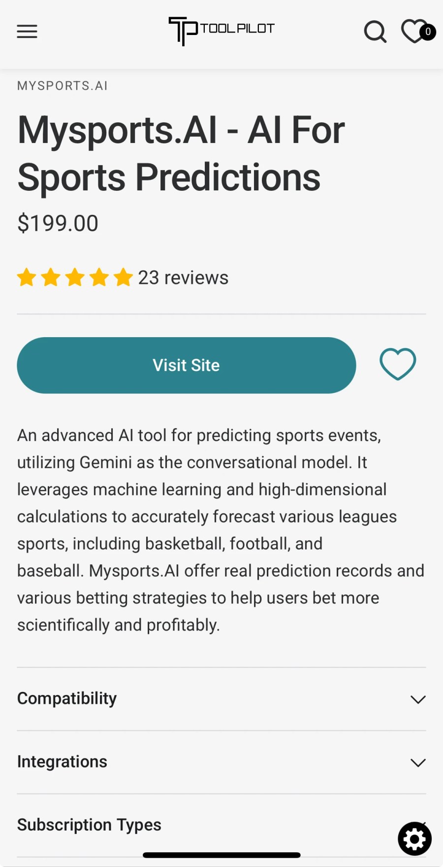 Mysports.AI 運彩分析在 ToolPilot 網站上的工具介紹頁面截圖,顯示 AI 體育預測服務、價格、評價與功能描述。