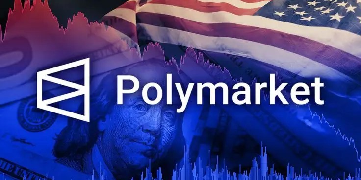 Polymarket 預測市場平台示意圖,背景包含美國國旗與金融走勢圖