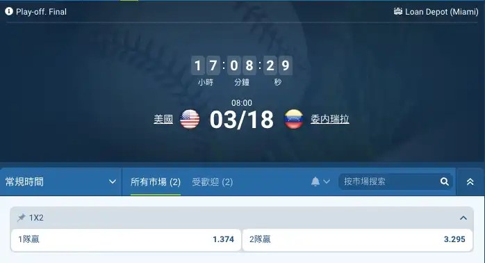 2026世界棒球經典賽美國隊與委內瑞拉1xbet盤口賠率分析，顯示美國隊和委內瑞拉的獨贏賠率