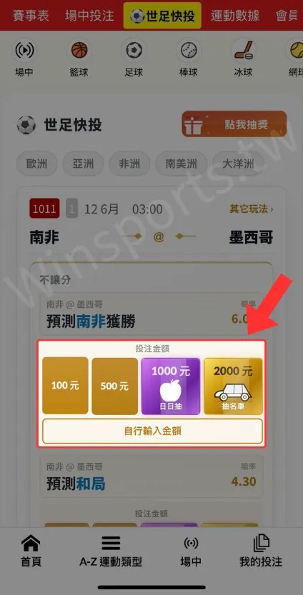 台灣運彩世足快投頁面，紅框與箭頭標示預設投注金額按鈕及自行輸入金額欄位。