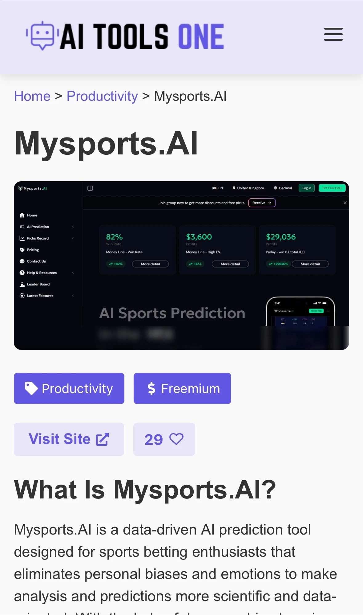 Mysports.AI 在 AI Tools One 平台的工具介紹頁面，提供 AI 體育比賽預測、勝率分析與後測紀錄功能。