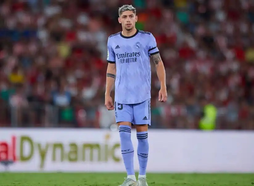 費德里科·巴爾韋德(Federico Valverde)身穿皇家馬德里紫色客場球衣站在球場上
