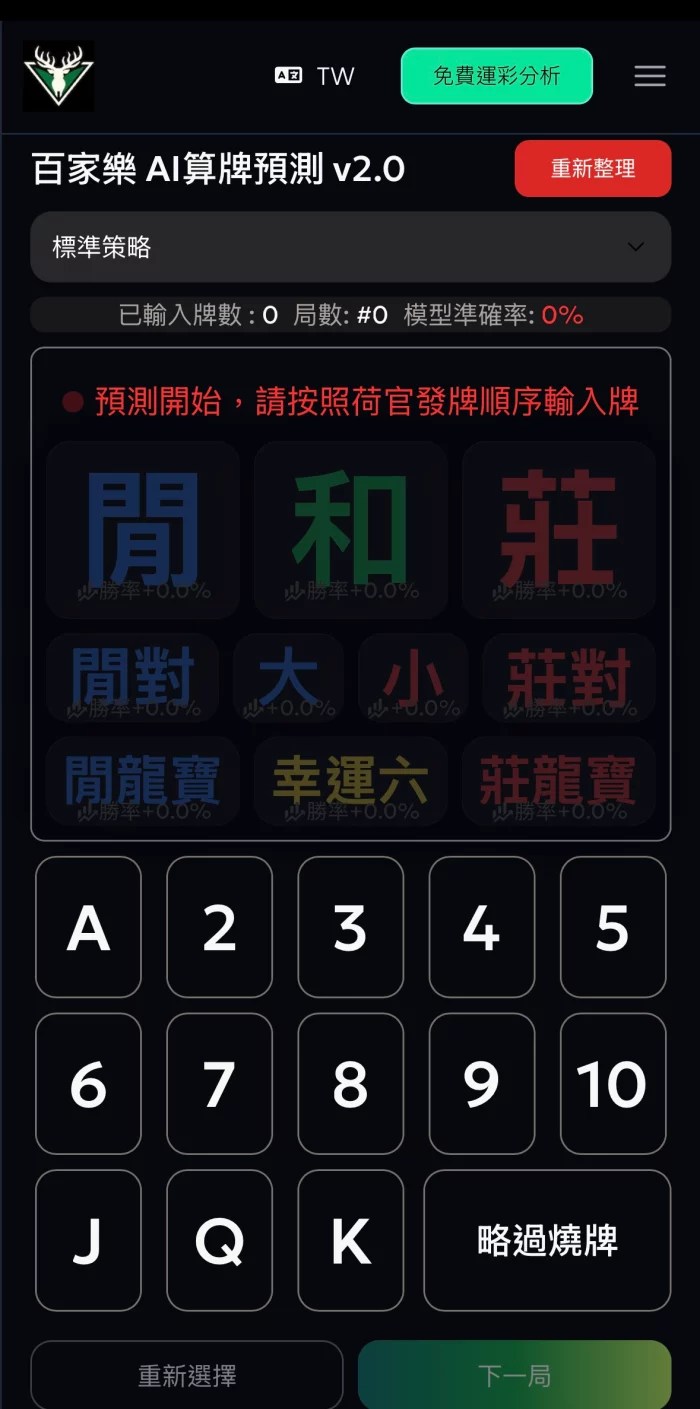 Mysports.AI 百家樂 AI 算牌預測工具 v2.0，提供莊閒和各種投注選項的勝率分析