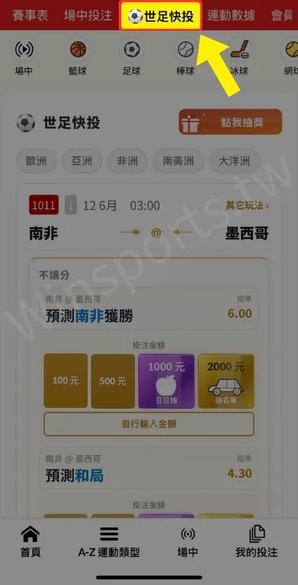 台灣運彩世足快投頁面，顯示南非對墨西哥賽事與南非獲勝、和局等投注選項及賠率。